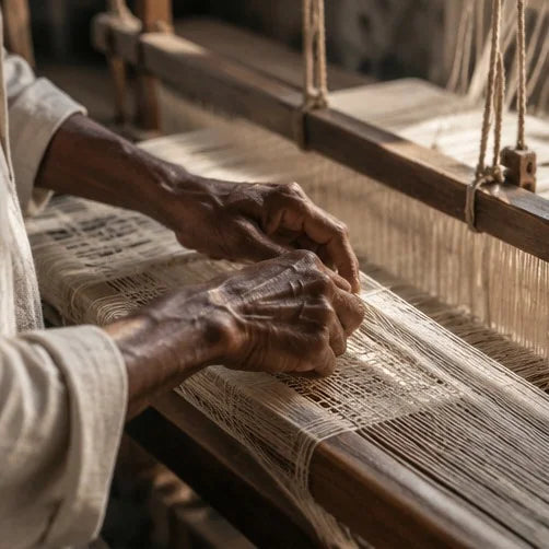 Artisan's hands carefully working at a wooden loom