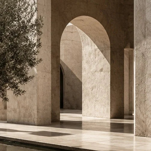 Sculptural stone arches in warm sunlight